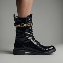 "Black combat boots with bold metallic hardware, clear background."