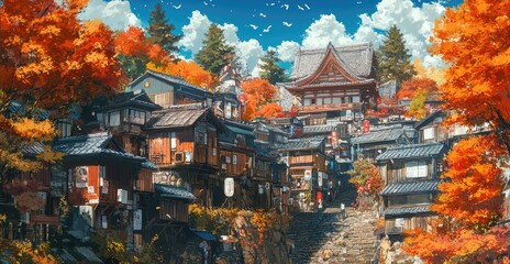 Obraz premium Walled city, Japan in autumn, anime style, future