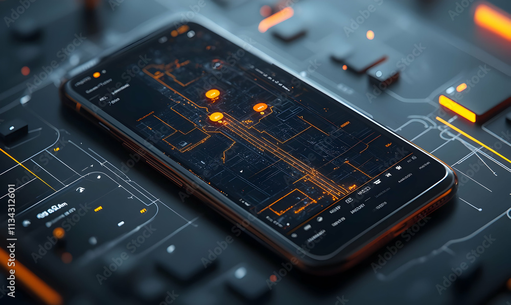 Poster a smartphone displaying a digital interface on a tech-themed background.
