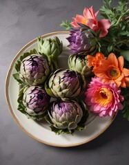 Fototapeta premium artichoke half open on ceramic plate with flowers, garden fresh, centerpiece