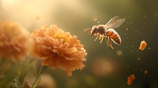 wasp hovering near marigold bloom, capturing beauty of nature pollination