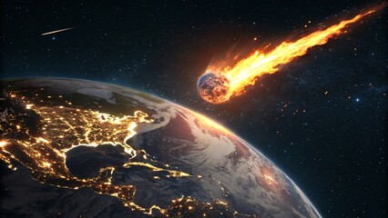 Fiery Meteor Hurtling Towards Earth with City Lights Below V5
