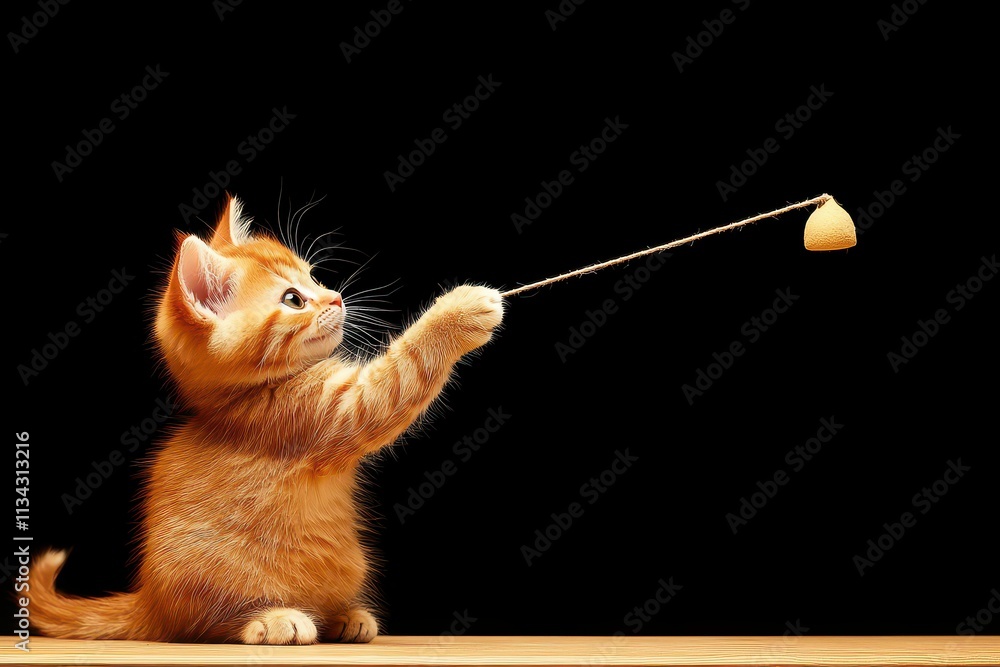 Poster cute ginger kitten playing with toy on string in studio setting with black background