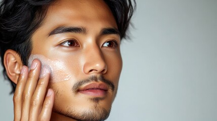 A man applying skincare product to his face, focusing on personal grooming and skincare routine.