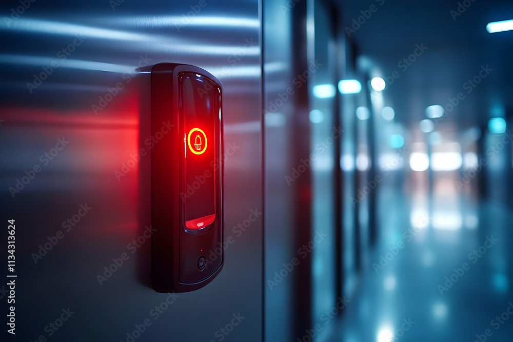 Poster a glowing red elevator button in a dimly lit corridor, indicating a call for service.
