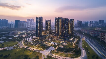Modern Skyscrapers and Park at Twilight