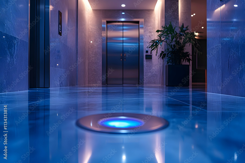 Poster a modern elevator lobby with sleek design and illuminated floor indicator.