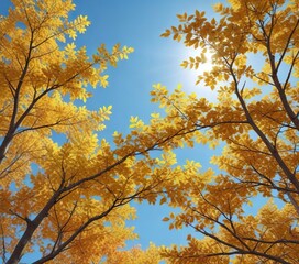 Autumn bush with yellow leaves against a blue sky, fall foliage, wide-angle, autumn bush