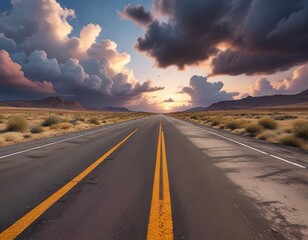 Fototapeta premium Desolate road at dusk with yellowing asphalt and white clouds drifting by, desolate terrain, deserted road