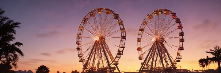 Ferris wheel at dusk with filtered tones and bokeh lights against a beautiful sunset, evening, horizon, ferris wheel