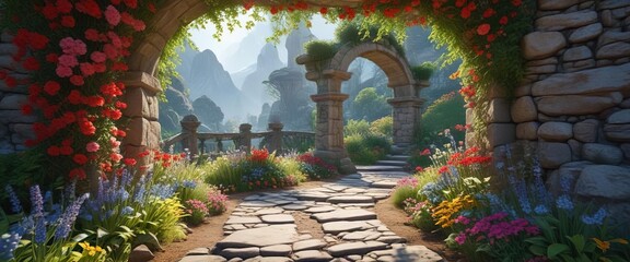 Obraz premium Winding stone path through a floral archway entrance , outdoor spaces, garden features, serene landscapes