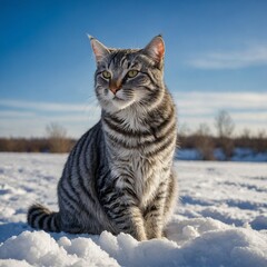 A silver tabby sitting on a snowy white field under a vibrant blue sky.