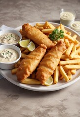 Freshly cooked meal of fish and chips with a side of tangy tartar sauce , accompaniment, chips, food