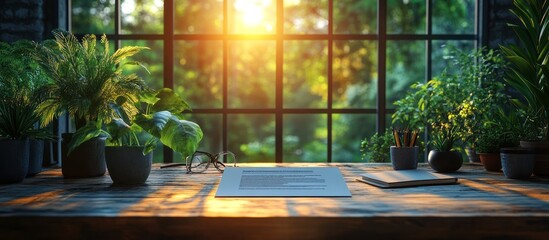 Sunlit workspace with plants, documents, and glasses near a window.