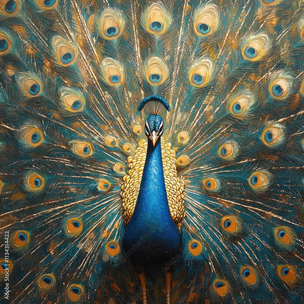 Poster a vibrant peacock displaying its colorful feathers in an artistic representation.