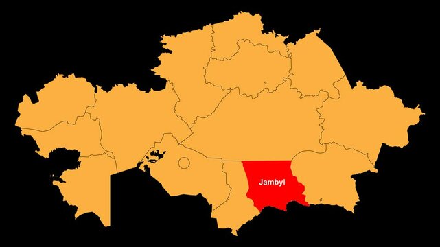 Jambyl map animated video. The location is highlighted on the Kazakhstan map. Colour map with transparent background in video format.