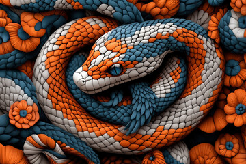 Fototapeta premium Illustration of an orange, white, and blue snake with scales that resemble flowers.