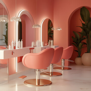 Salone di bellezza con interni rosa e sedie rosa