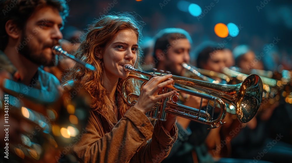 Poster a group of musicians playing brass instruments in a lively performance setting.
