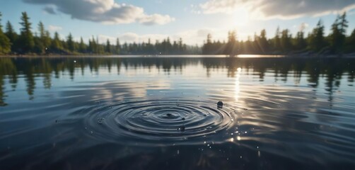 Water droplets falling from the sky onto a calm lake surface creating ripples, jets, nature, wavy