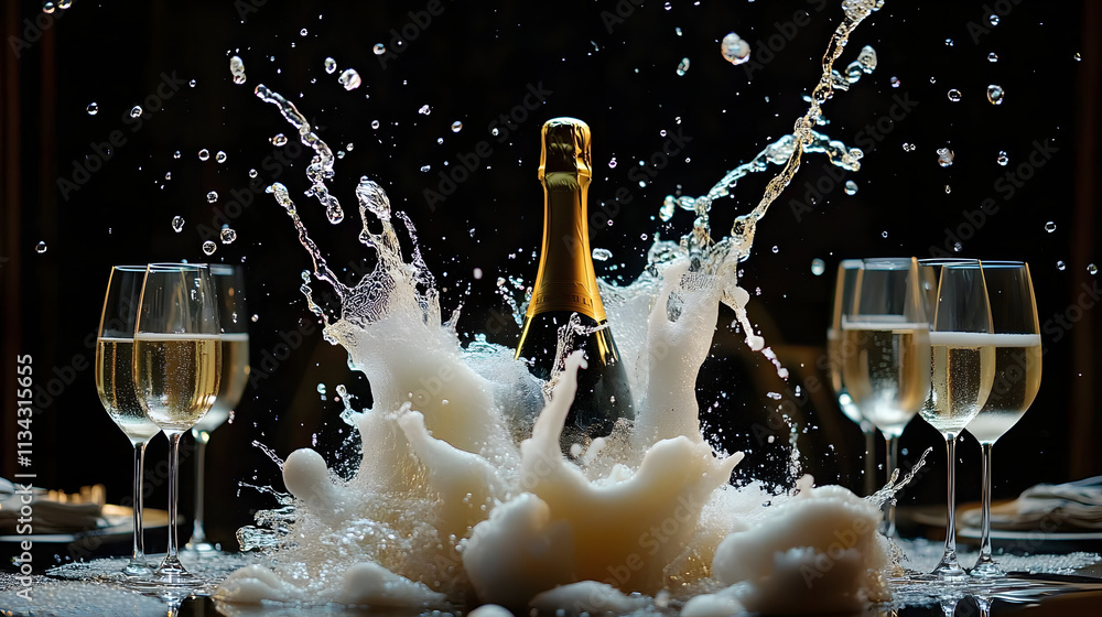 Canvas Prints A dynamic splash of champagne foam from a freshly popped bottle surrounded by glasses on a table.