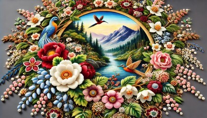Colorful floral decoration framing a mountainous landscape painting with flying birds