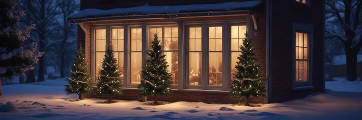 Snowy Christmas Eve scene with a beautifully lit tree and decorated windows, cozy home, holiday lights