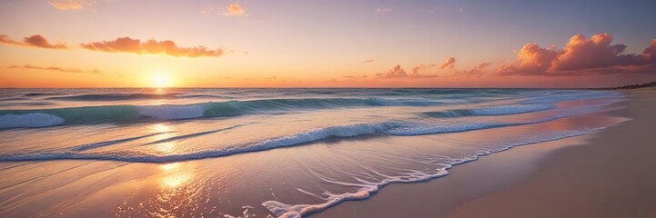 White sand beach with warm orange sunset waves on a clear blue horizon, beach, sea