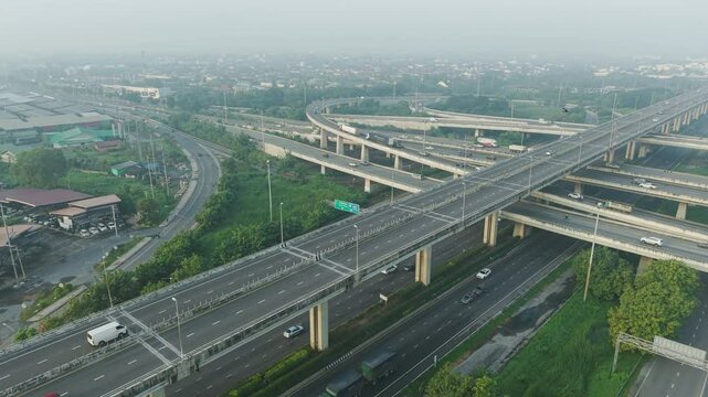 Aerial view modern city transport junction cross road with car transport industry