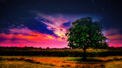 4k beautiful night sky background with pink cloudy sky for computer, a tree standing at sunset, relaxing universe landscape for desktop wallpaper, 3d illustration
