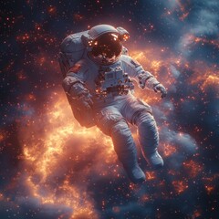 Fototapeta premium An astronaut floating in a cosmic scene filled with vibrant colors and celestial elements.