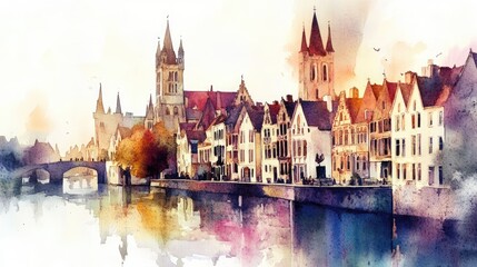 Obraz premium Watercolor Bruges cityscape & Brugge canal aquarelle in Belgium.