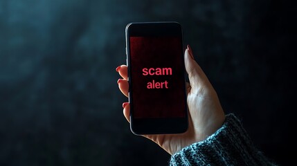 Hand holding a mobile phone with a red scam alert