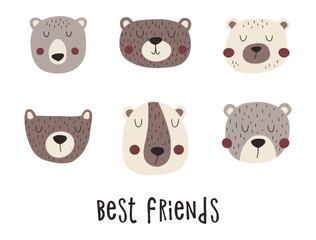 Wild forest bears set. Funny bear faces with lettering for postcards and posters. Perfect for a cute t-shirt design.