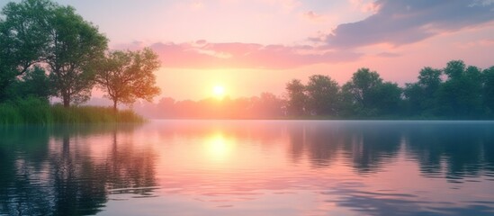 Obraz premium Serene sunrise over calm lake with trees reflected in still water.