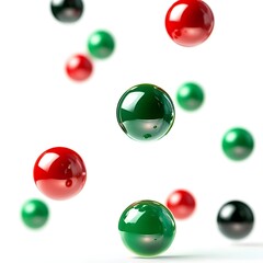 A collection of floating glossy spheres in red, green, and black colors against a white background.