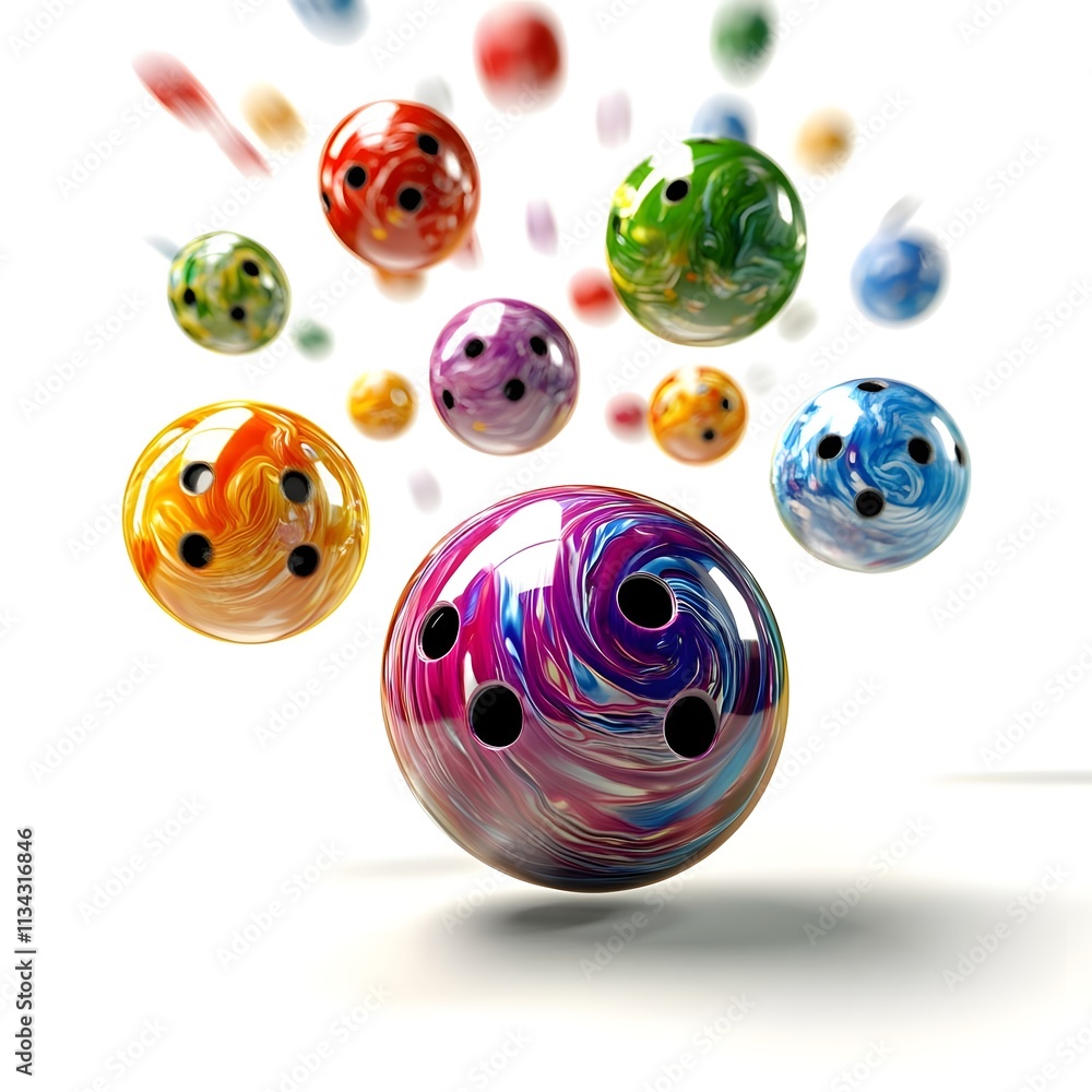 Poster a colorful array of bowling balls floating above a vibrant background.