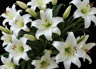 Pure white lily bouquet on a dark black velvet background, refined, elegant