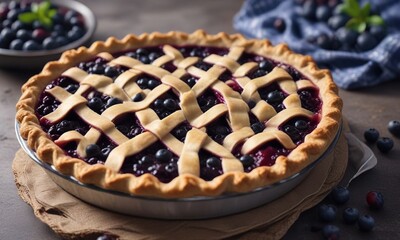 Lattice topped blueberry pie with a side of fresh berries , blue, baking