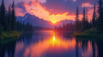 Serene sunset over a tranquil lake and mountains