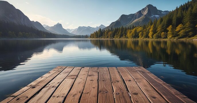 Manchot du cap perched on a wooden dock overlooking the calm waters of a tranquil lake, nature, boat, manchot