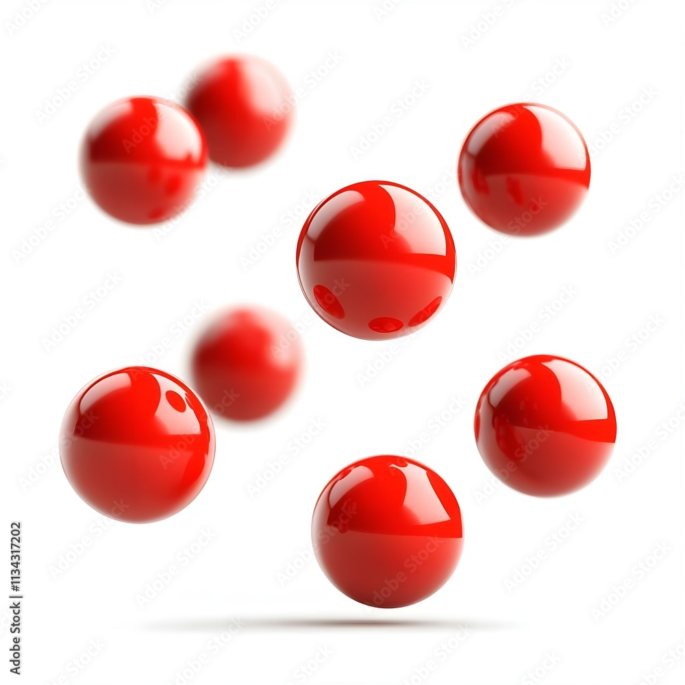 Poster a collection of shiny red spheres floating in space, creating a dynamic visual effect.