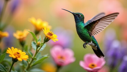 Emerald Green Hummingbird Hovering Above Colorful Flowers