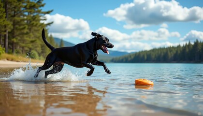 Energetic Black Labrador Retrieving Frisbee at Serene Lakeside