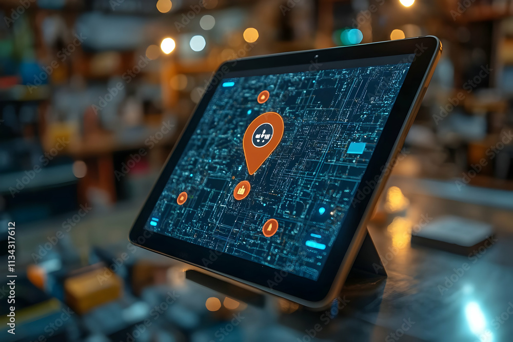 Poster digital tablet displaying a map with location markers in a modern setting.