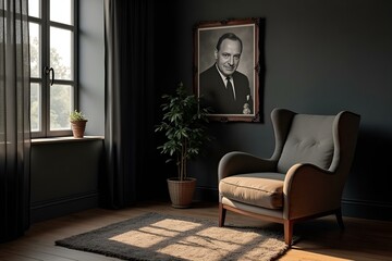 Refined Interior with Vintage Portrait and Plants in Natural Light [with copy space]