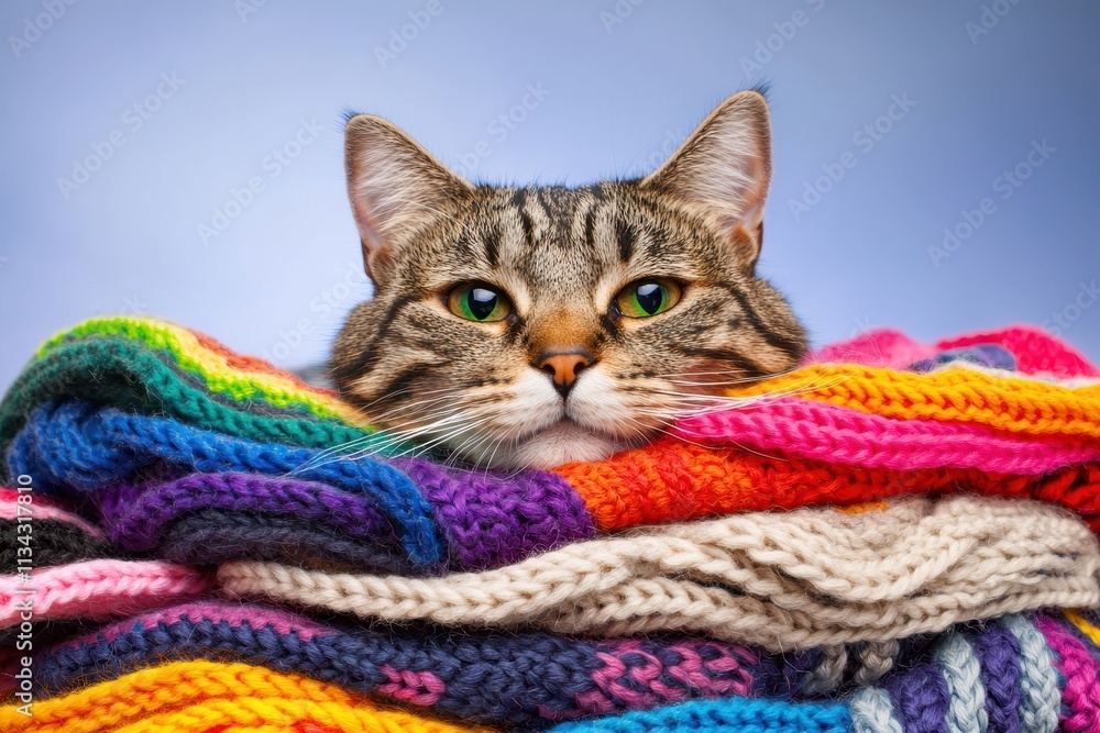 Poster adorable tabby cat nestled in colorful woolen blankets with soft textures and cozy vibes