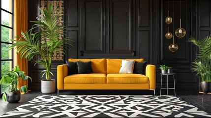 Obraz premium Bright living room interior design with a velvet mustard sofa, geometric patterned rug, and bold black accents.