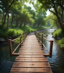 Fototapeta premium A wooden bridge crossing over a peaceful river with lush green trees on both sides, calm water, riverbank, landscape photography