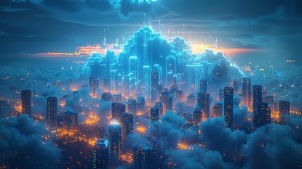 Obraz premium Glowing futuristic city emerging from clouds.